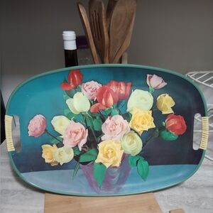 Vintage Serving Tray MCM Floral Roses Wrapped Handles